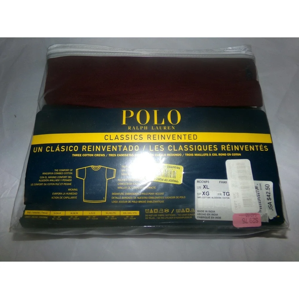 Polo Ralph Lauren Mens 3 Pack Classic Fit Cotton Crew Neck Undershirts XL Multi